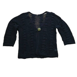 HAIKU Crochet Open Front Cardigan 3/4 Sleeve 100% Cotton Women Black M A001648